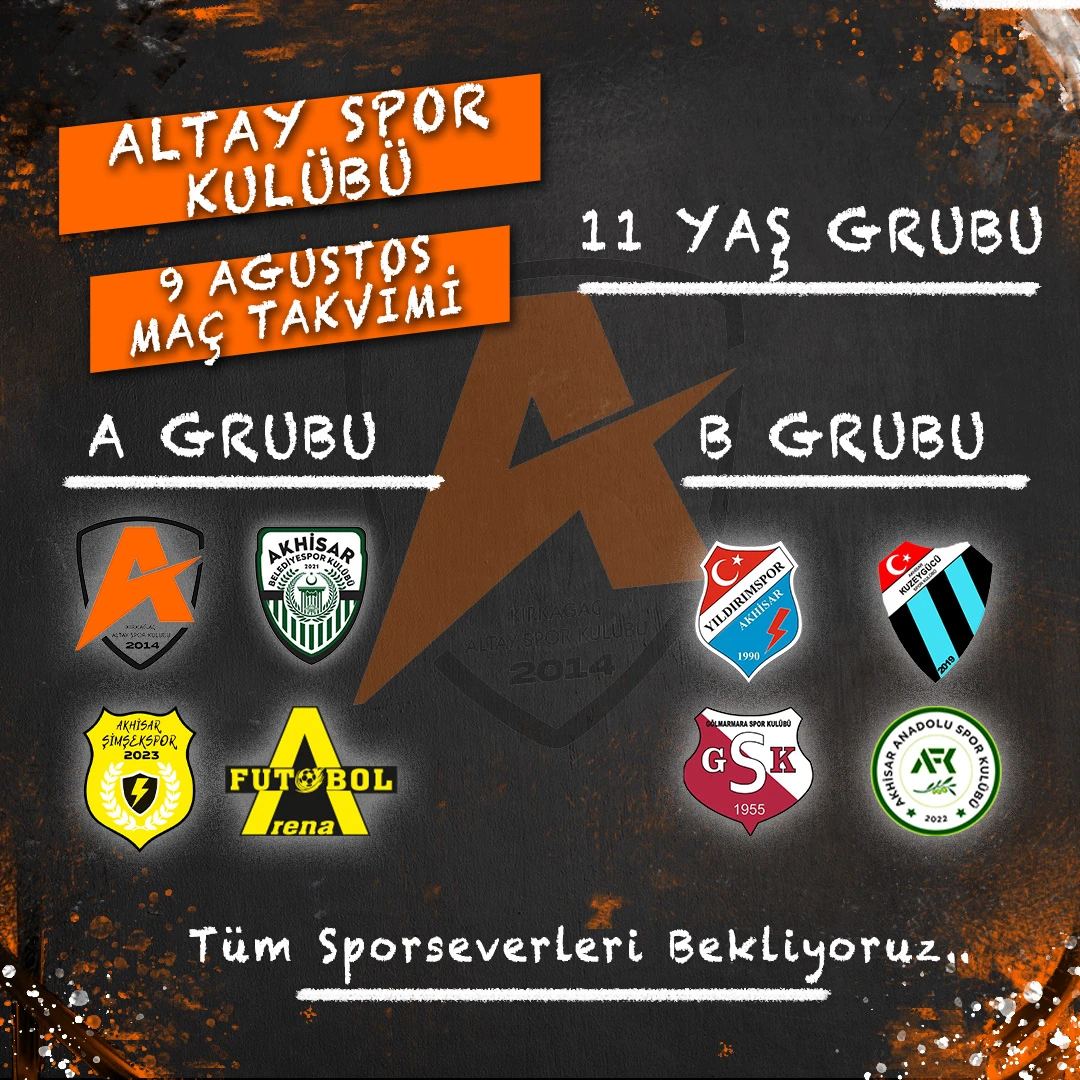 Altay Spor Kulübü 11 yaş grubu maç takvimi: turuncu ve siyah zeminde A ve B grubu takım amblemleri