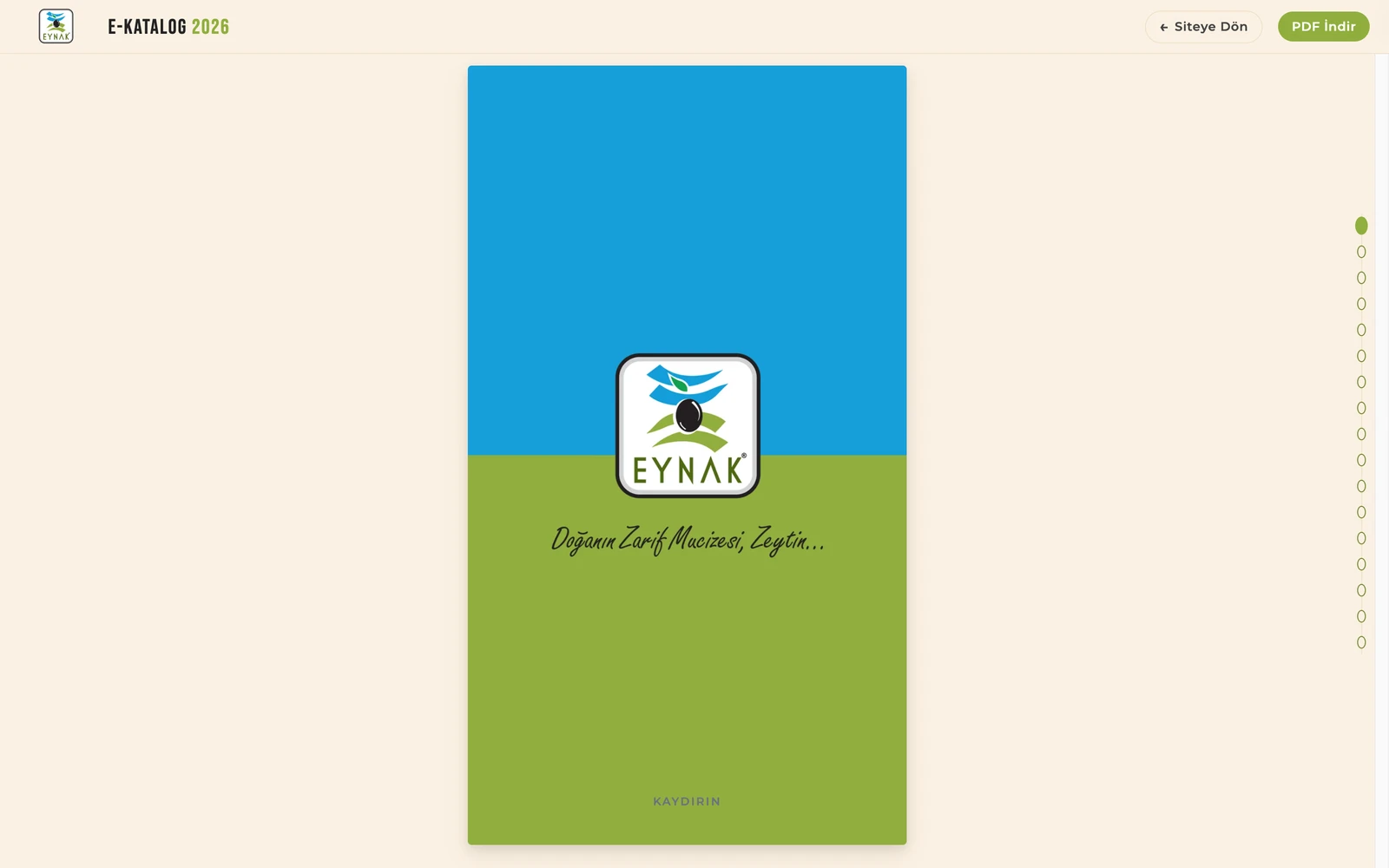 Eynak Zeytin e-katalog sayfası tarayıcıda: mavi-yeşil kapak, sağda sayfa noktaları, üstte PDF indir düğmesi