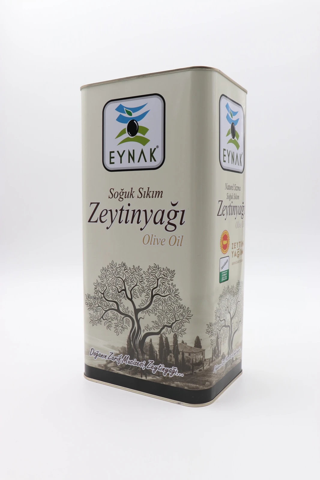 Eynak soğuk sıkım zeytinyağı teneke ambalajı, beyaz fon