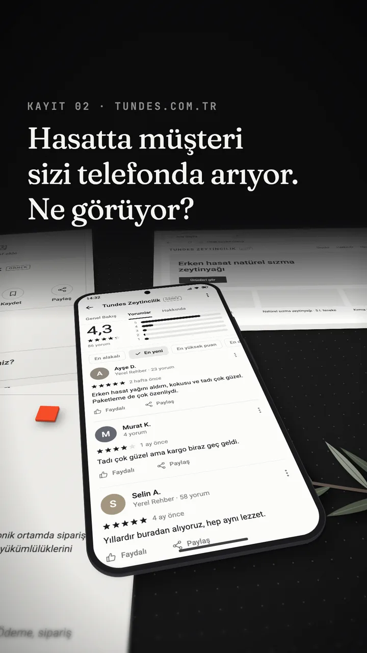 Tundes Instagram Reels'i Kayıt 02'nin kapağı: 'Hasatta müşteri sizi telefonda arıyor. Ne görüyor?' başlığı ve telefonda örnek bir Google işletme profili