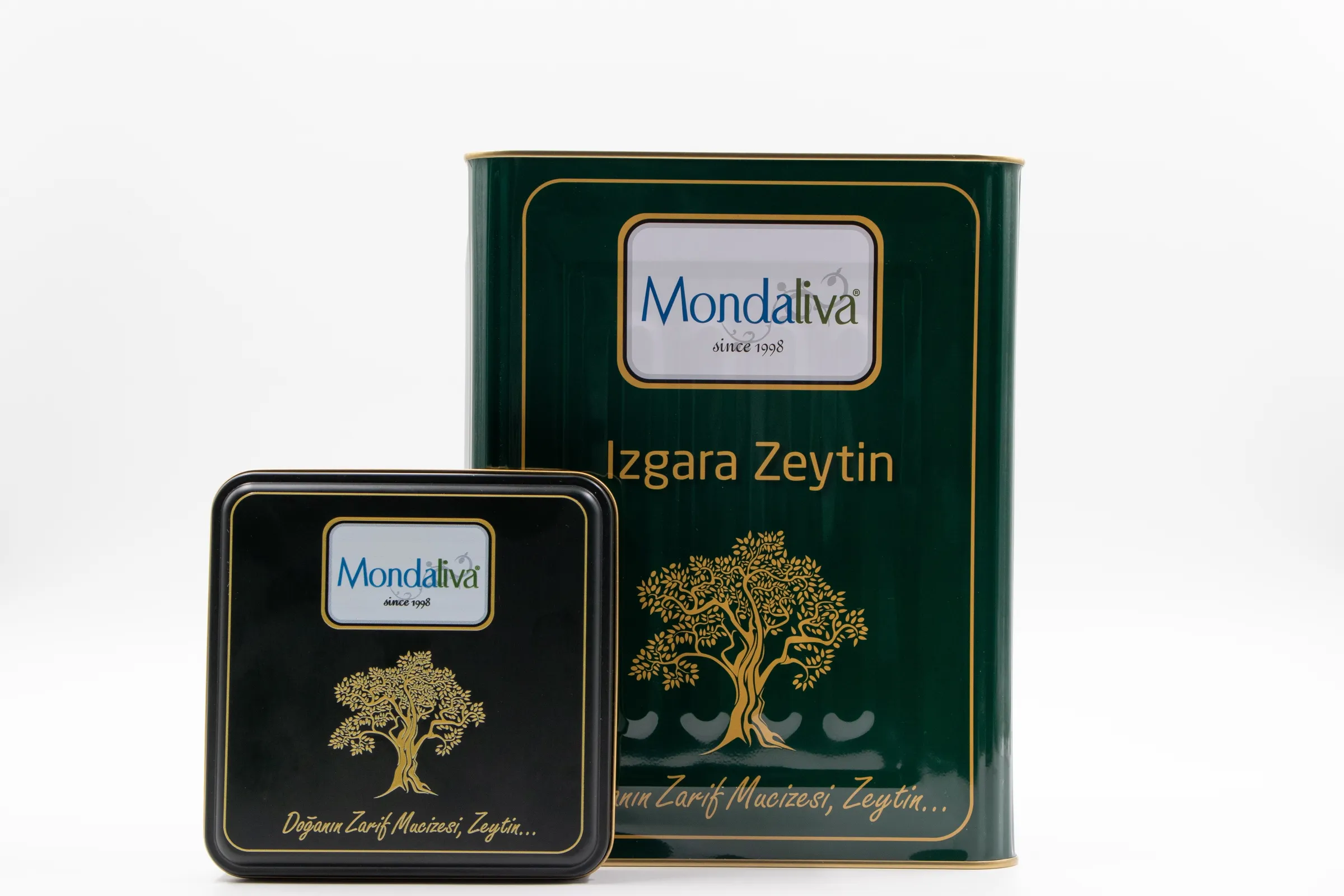 Beyaz fon önünde Mondaliva yeşil teneke ve siyah metal kutu