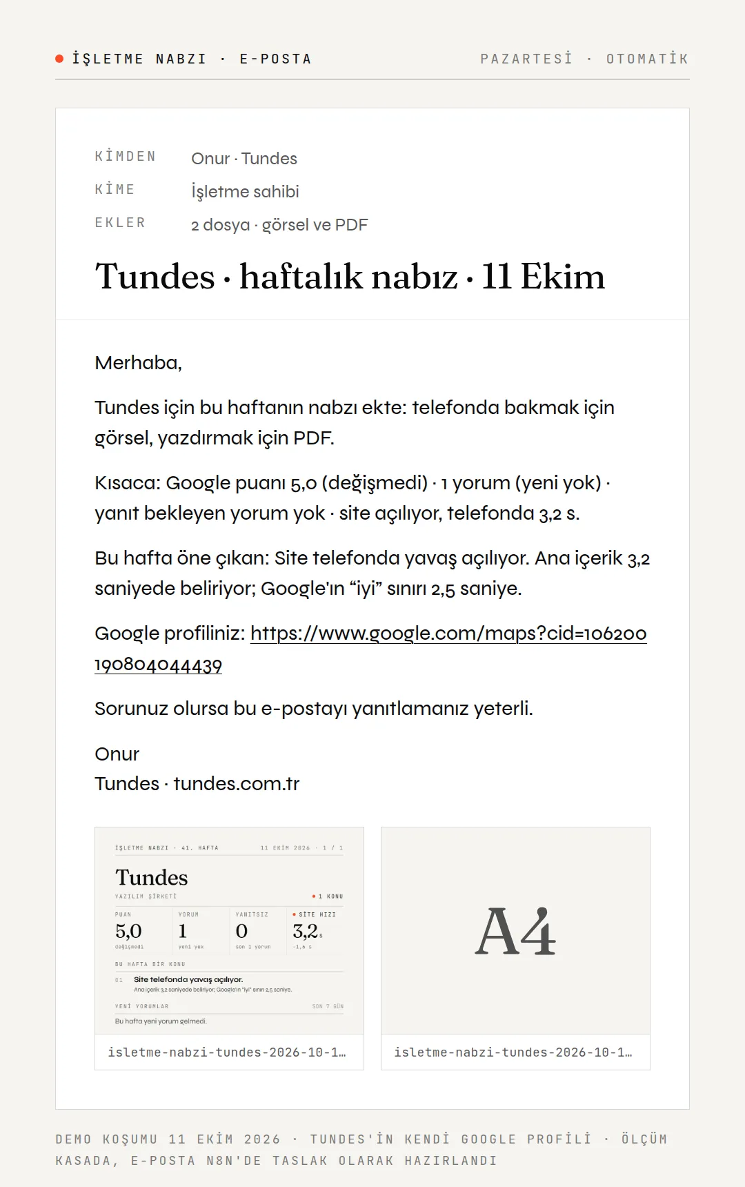 İşletme Nabzı demo e-postası: Tundes'in Google profili için haftalık özet ve ekleri.
